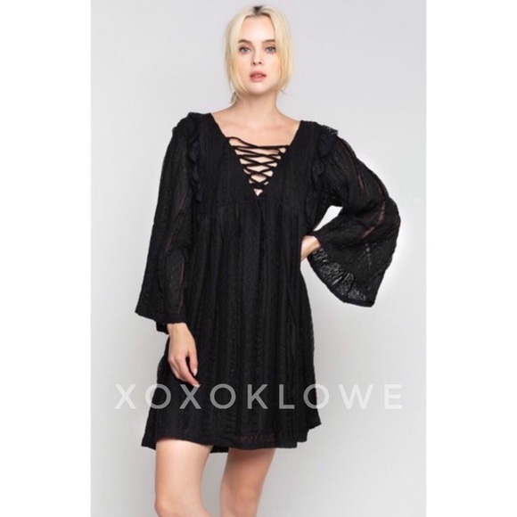 POL Black Stretch Lace Mini Dress Long Sleeves Ruffle Detail - Picture 10 of 10